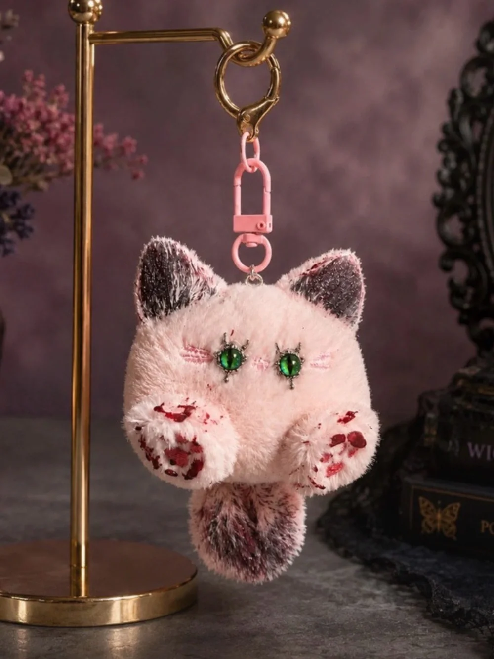 Hand made creepy goth Pink Plush Cat Keychain with Green Gem Eyes